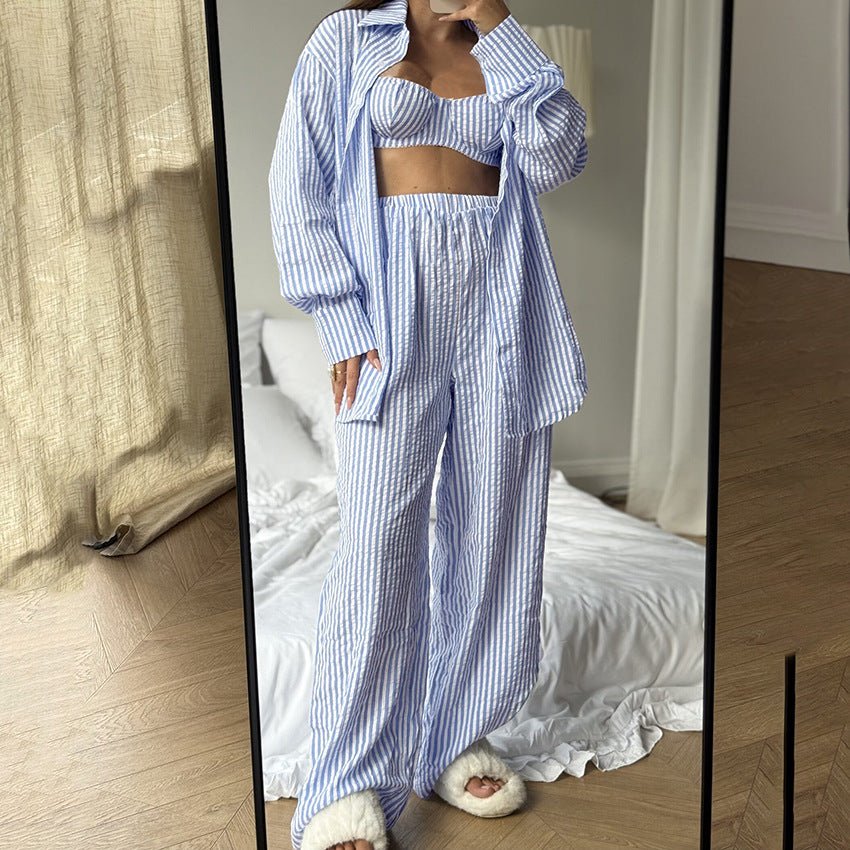 The Coastal Chic | Striped 3-Piece Cotton-Blend Loungewear Set