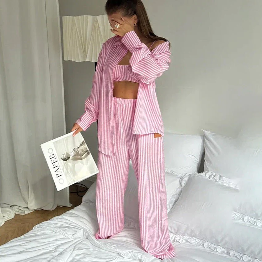 The Coastal Chic | Striped 3-Piece Cotton-Blend Loungewear Set - Image 2