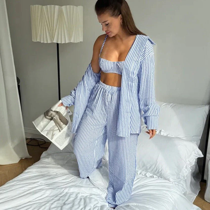 The Coastal Chic | Striped 3-Piece Cotton-Blend Loungewear Set - Image 3