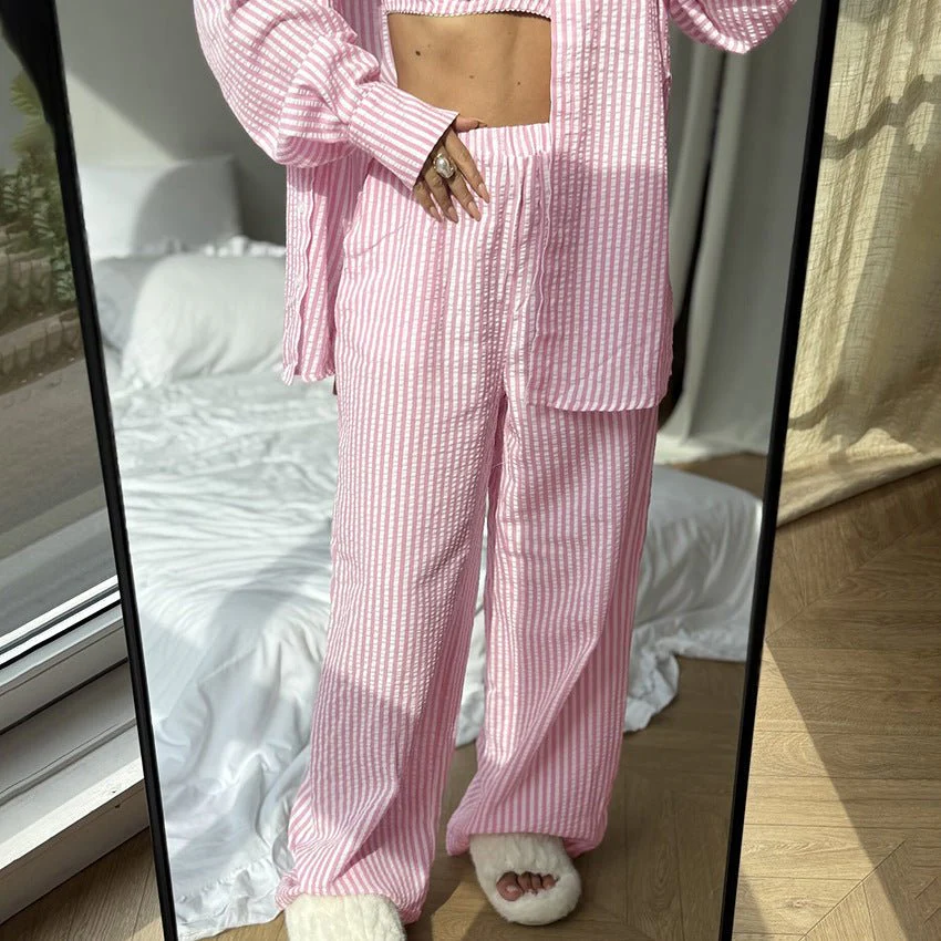 The Coastal Chic | Striped 3-Piece Cotton-Blend Loungewear Set - Image 4
