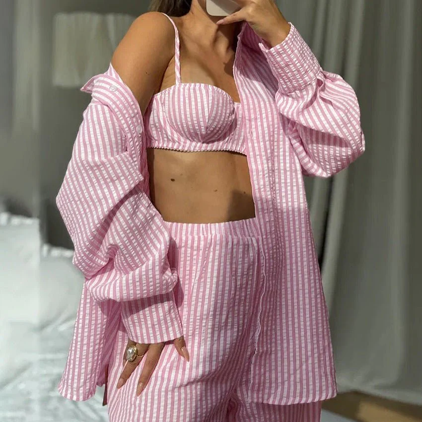 The Coastal Chic | Striped 3-Piece Cotton-Blend Loungewear Set - Image 6
