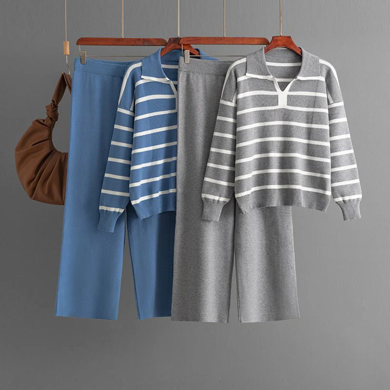 The Contrast Charm | Striped V-Neck Knitted Top & Wide-Leg Pants Set FD