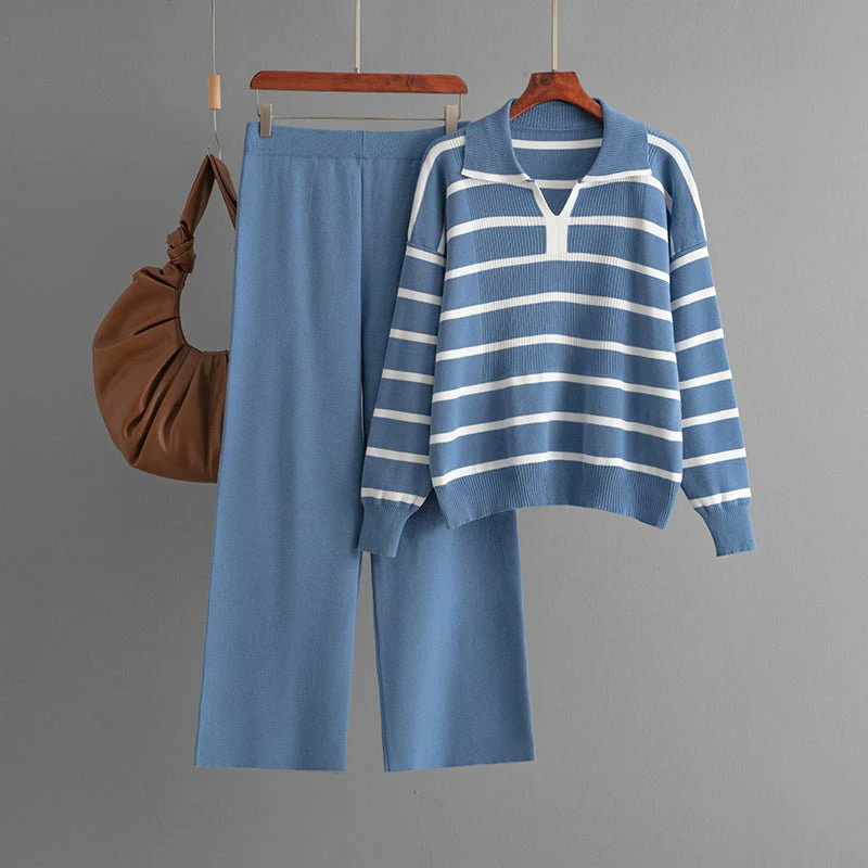 The Contrast Charm | Striped V-Neck Knitted Top & Wide-Leg Pants Set FD - Image 3