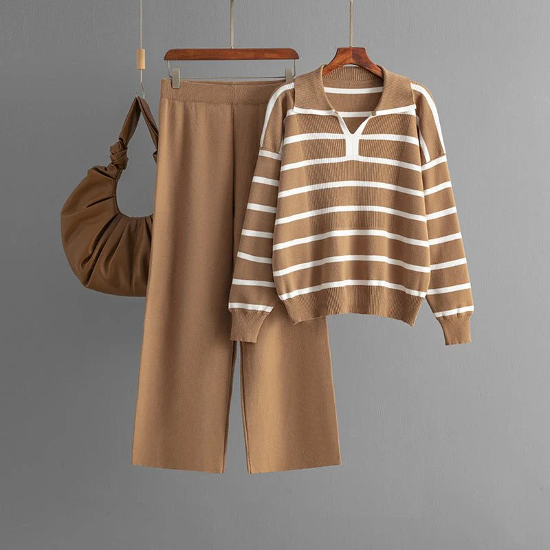 The Contrast Charm | Striped V-Neck Knitted Top & Wide-Leg Pants Set FD - Image 4