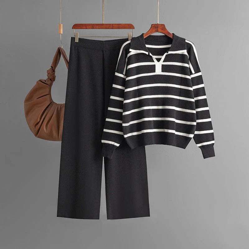 The Contrast Charm | Striped V-Neck Knitted Top & Wide-Leg Pants Set FD - Image 6