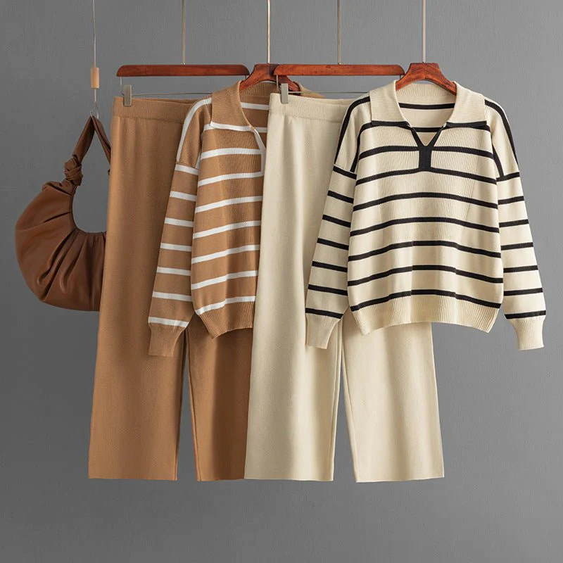 The Contrast Charm | Striped V-Neck Knitted Top & Wide-Leg Pants Set FD - Image 7