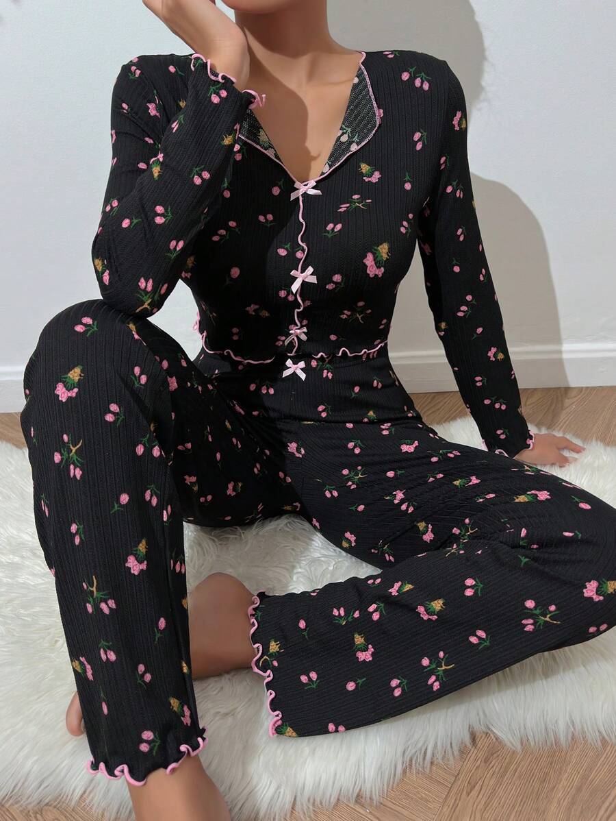 The Cozy Bow | Hooded Lapel Bow Long-Sleeve Pants Set - Image 2