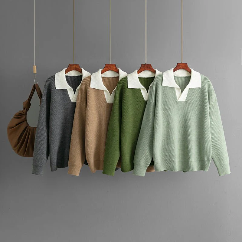 The Cozy Contrast | Color-Matched Polo Collar Knitted Sweater (FD)