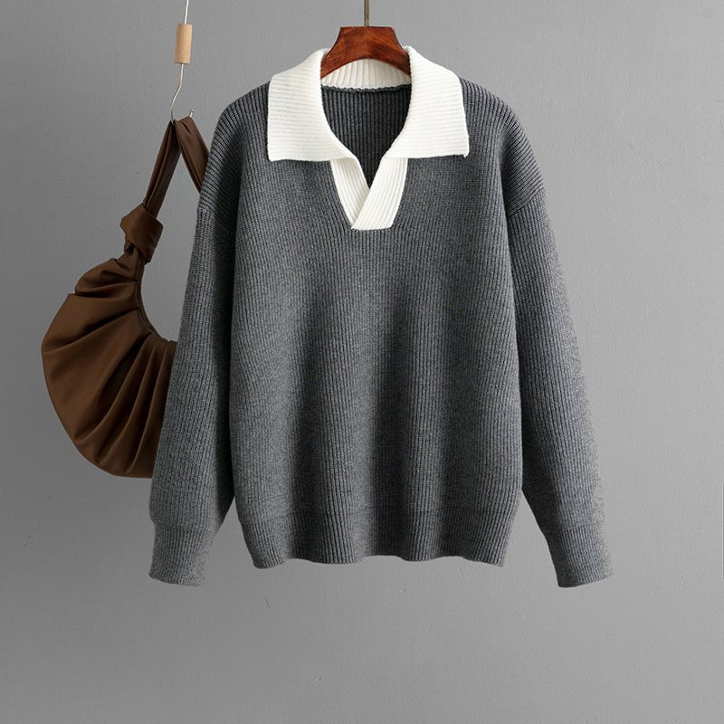 The Cozy Contrast | Color-Matched Polo Collar Knitted Sweater (FD) - Image 3