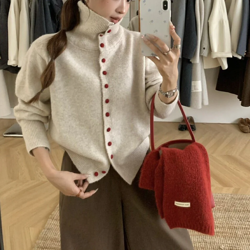 The Cozy Contrast | Solid Color High-Collar Wool Blend Cardigan