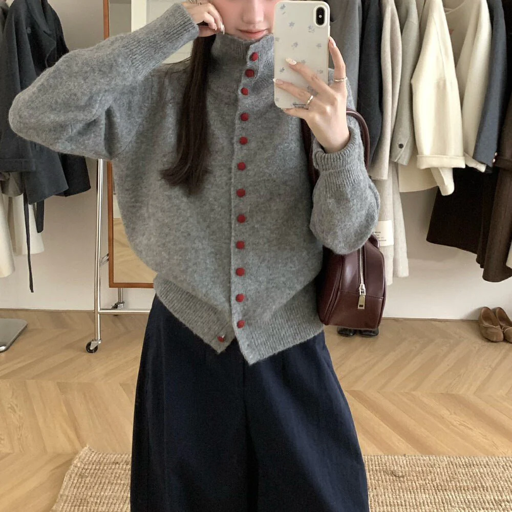 The Cozy Contrast | Solid Color High-Collar Wool Blend Cardigan - Image 2