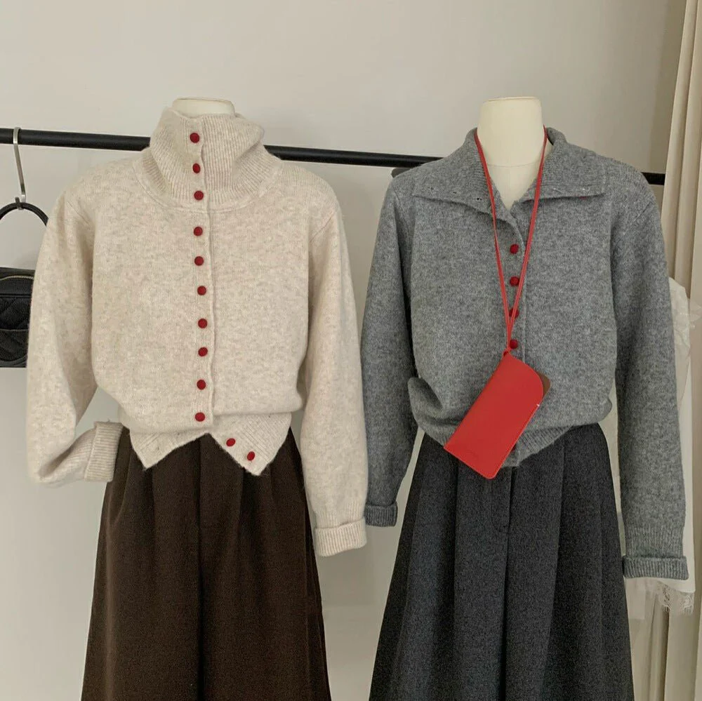 The Cozy Contrast | Solid Color High-Collar Wool Blend Cardigan - Image 4