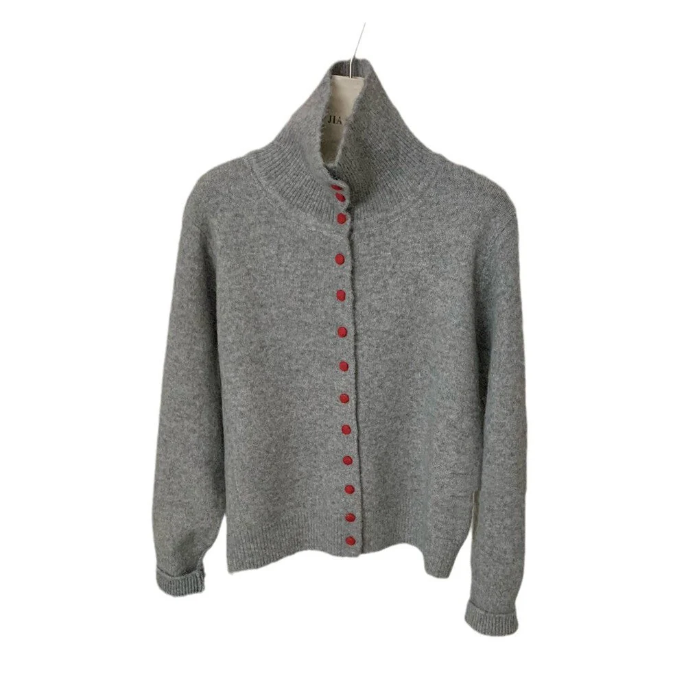 The Cozy Contrast | Solid Color High-Collar Wool Blend Cardigan - Image 5