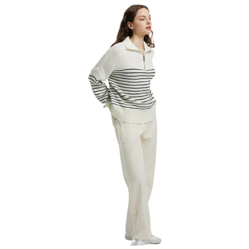 The Cozy Contrast | Solid Color Striped High-Neck Hooded Zipper Knit Pullover Sweater FD - Image 14
