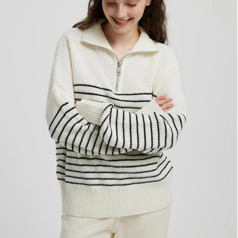 The Cozy Contrast | Solid Color Striped High-Neck Hooded Zipper Knit Pullover Sweater FD - Image 4