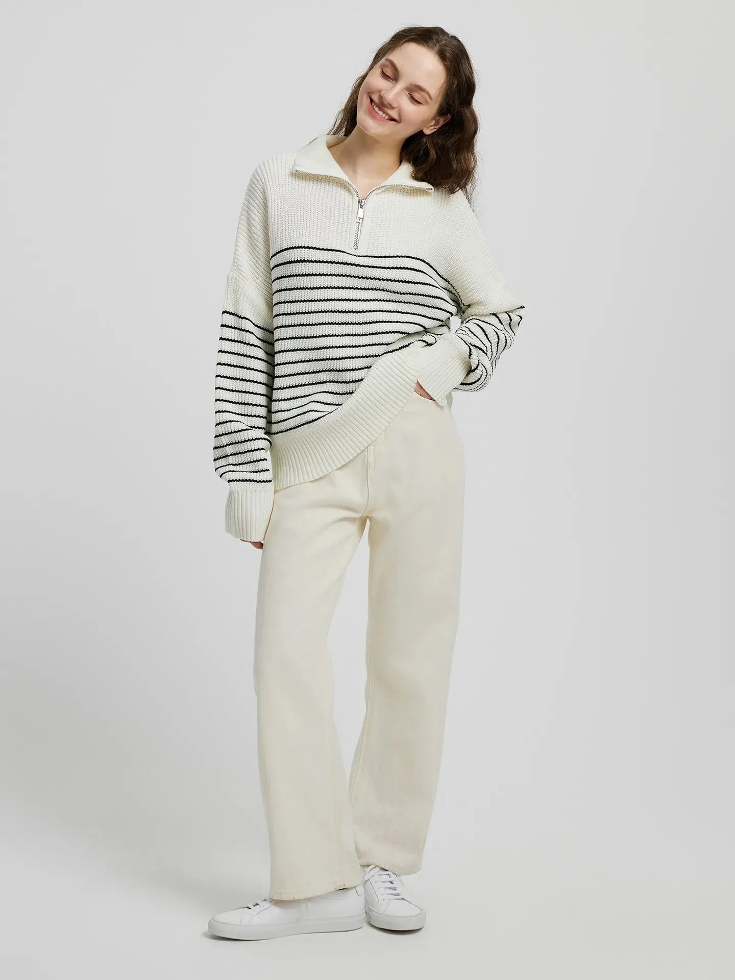 The Cozy Contrast | Solid Color Striped High-Neck Hooded Zipper Knit Pullover Sweater FD - Image 7