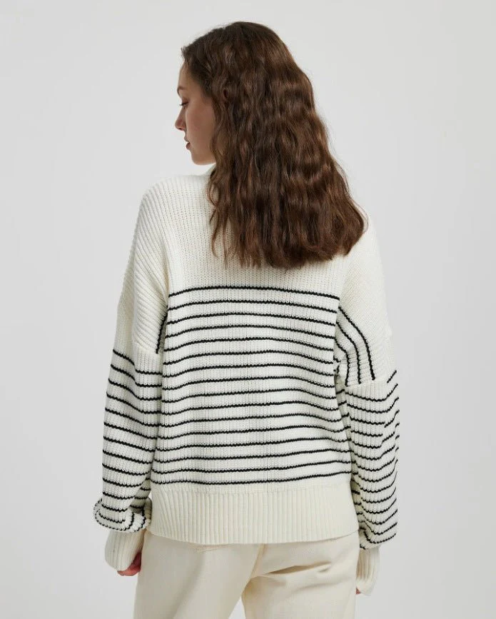 The Cozy Contrast | Solid Color Striped High-Neck Hooded Zipper Knit Pullover Sweater FD - Image 9