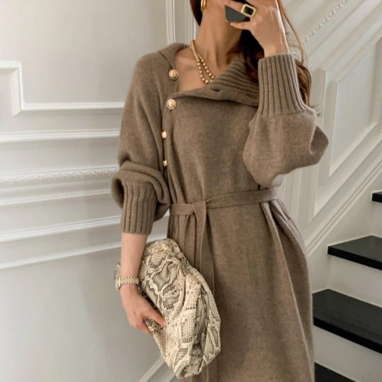 The Cozy Elegance | Solid Color High Collar Knit Sweater Dress