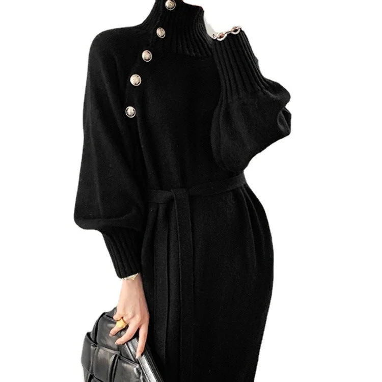 The Cozy Elegance | Solid Color High Collar Knit Sweater Dress - Image 5