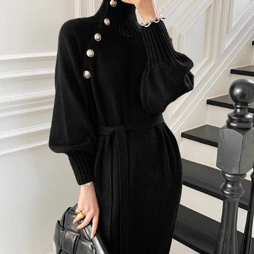The Cozy Elegance | Solid Color High Collar Knit Sweater Dress - Image 6
