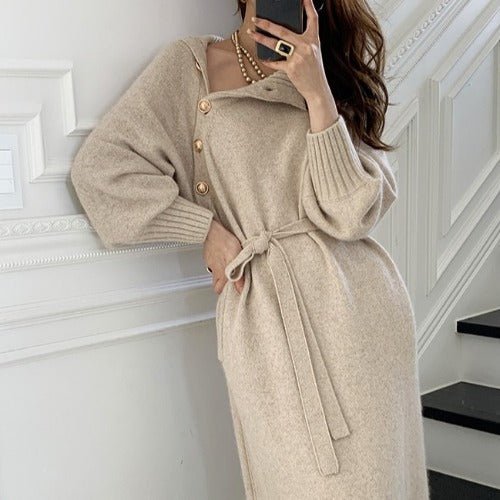 The Cozy Elegance | Solid Color High Collar Knit Sweater Dress - Image 7