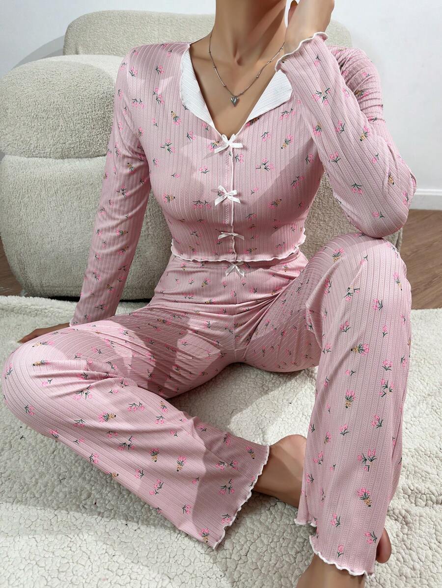 The Cozy Elegance | Thread Jacquard Lapel Bow Long-Sleeve Pants Set - Image 2