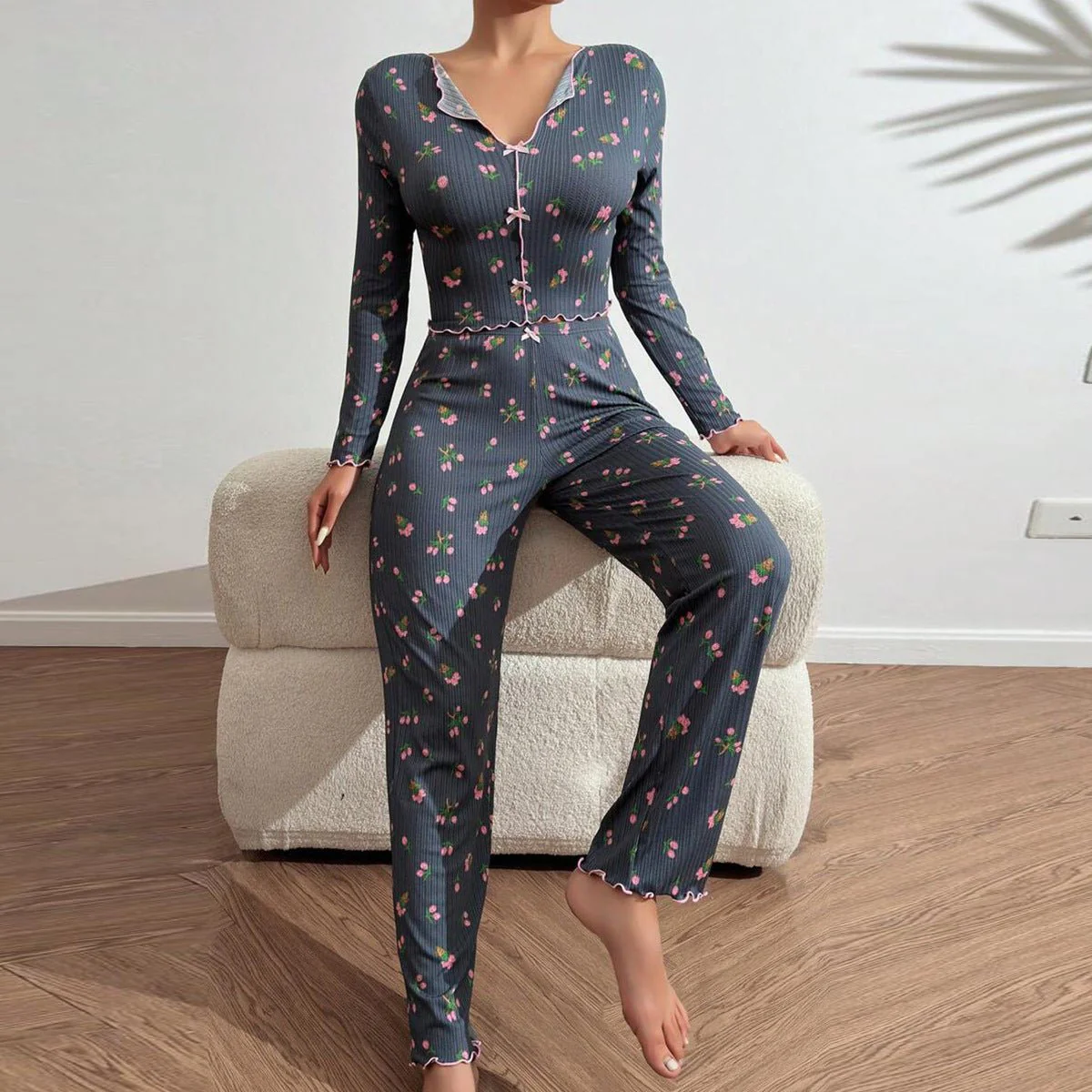 The Cozy Elegance | Thread Jacquard Lapel Bow Long-Sleeve Pants Set - Image 6