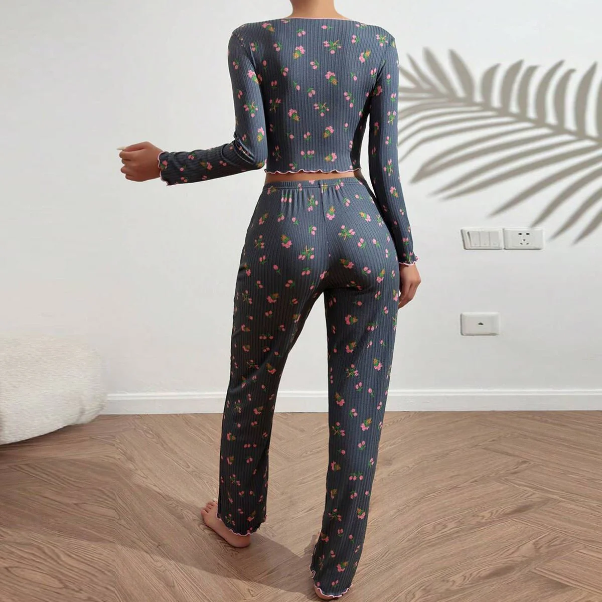 The Cozy Elegance | Thread Jacquard Lapel Bow Long-Sleeve Pants Set - Image 8