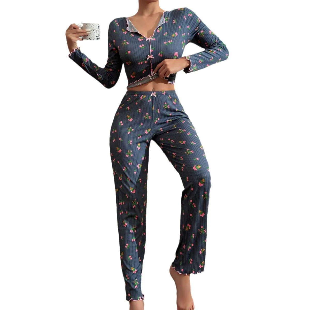 The Cozy Elegance | Thread Jacquard Lapel Bow Long-Sleeve Pants Set - Image 9