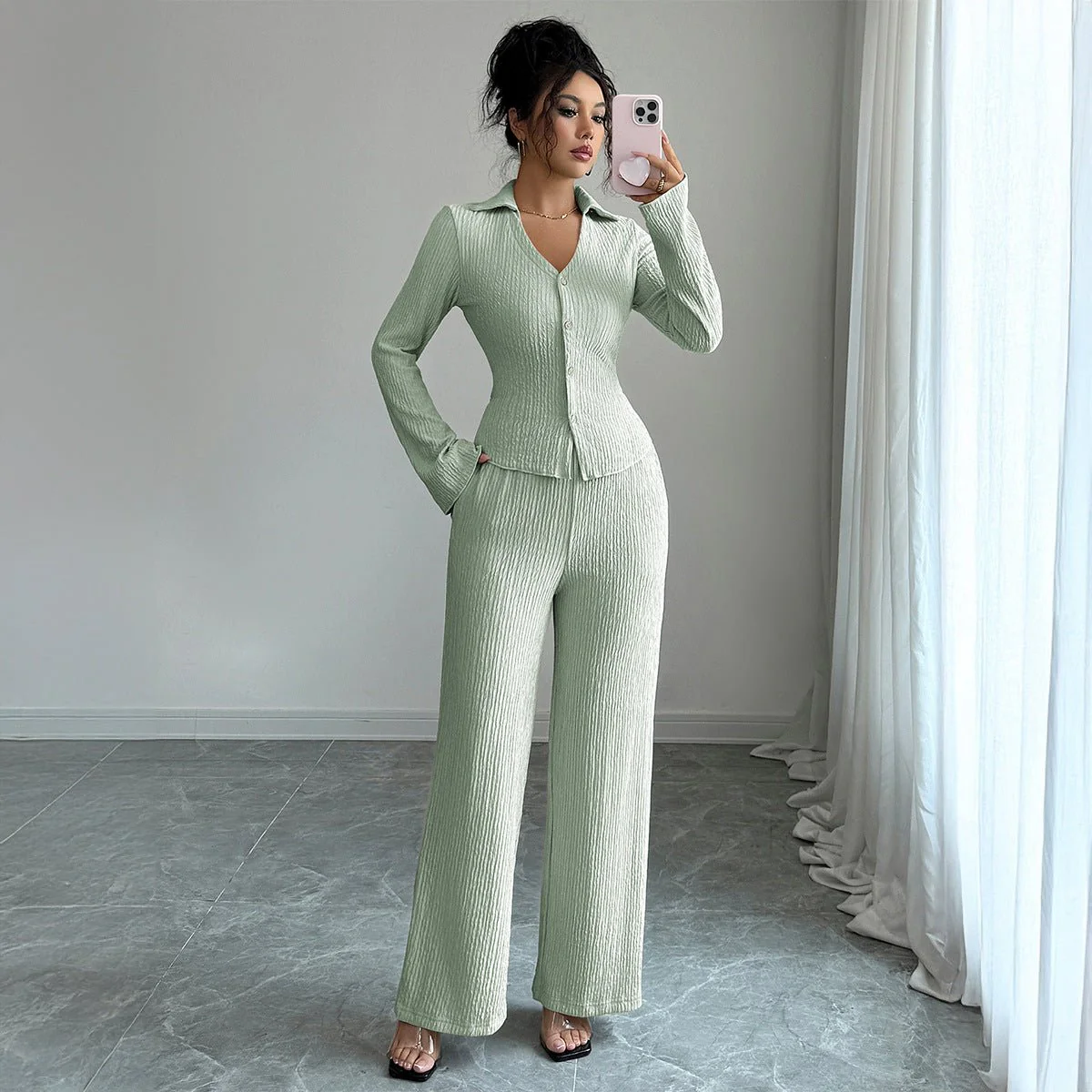 The Cozy Elegance | Women's Knitted Long-Sleeve Two-Piece Pants Set - Image 6