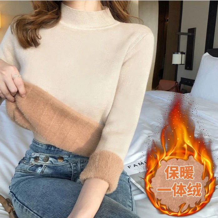 The Cozy Embrace | Women's Loose-Fit Integrated Fleece Semi-Turtleneck Sweater - Image 13