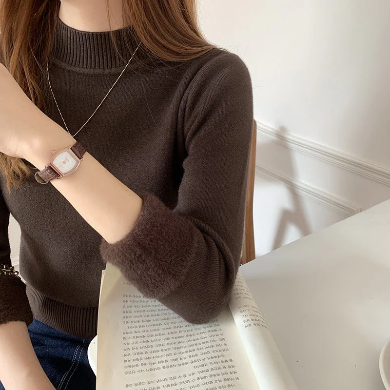 The Cozy Embrace | Women's Loose-Fit Integrated Fleece Semi-Turtleneck Sweater - Image 3