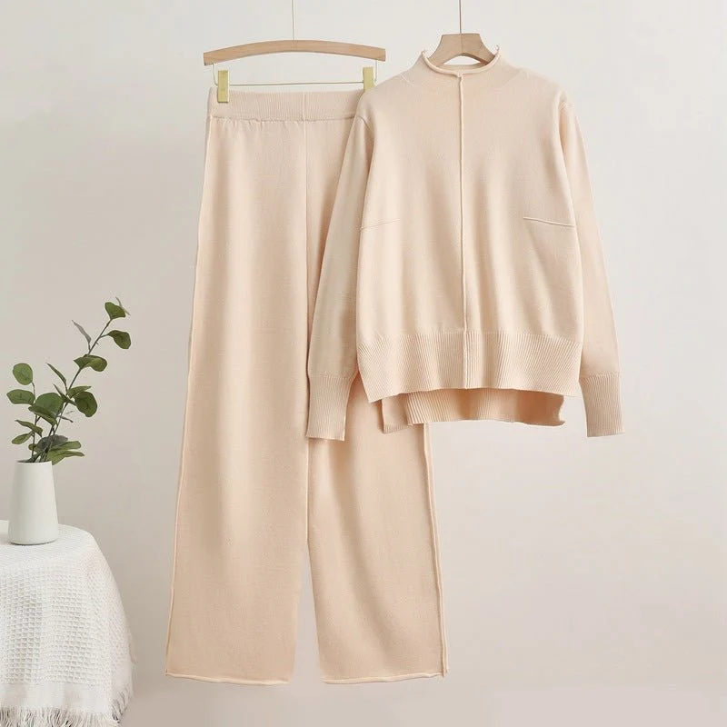 The Cozy Harmony | Women's Knitted Long-Sleeve Wide-Leg Pants Set