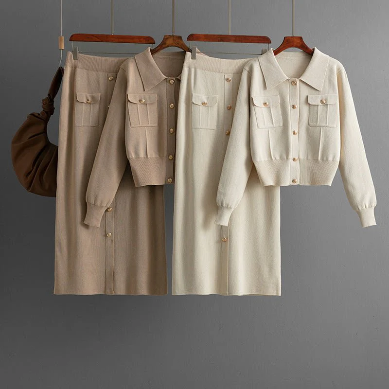The Cozy Knit | Solid Color Polo Collar Sweater Cardigan & Midi Skirt Set FD