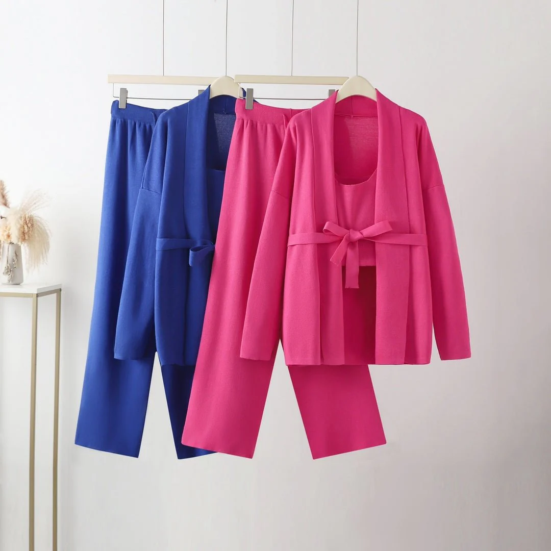 The Cozy Layer | Women's Knitted V-Neck Cardigan, Vest & Wide-Leg Pants Three-Piece Set