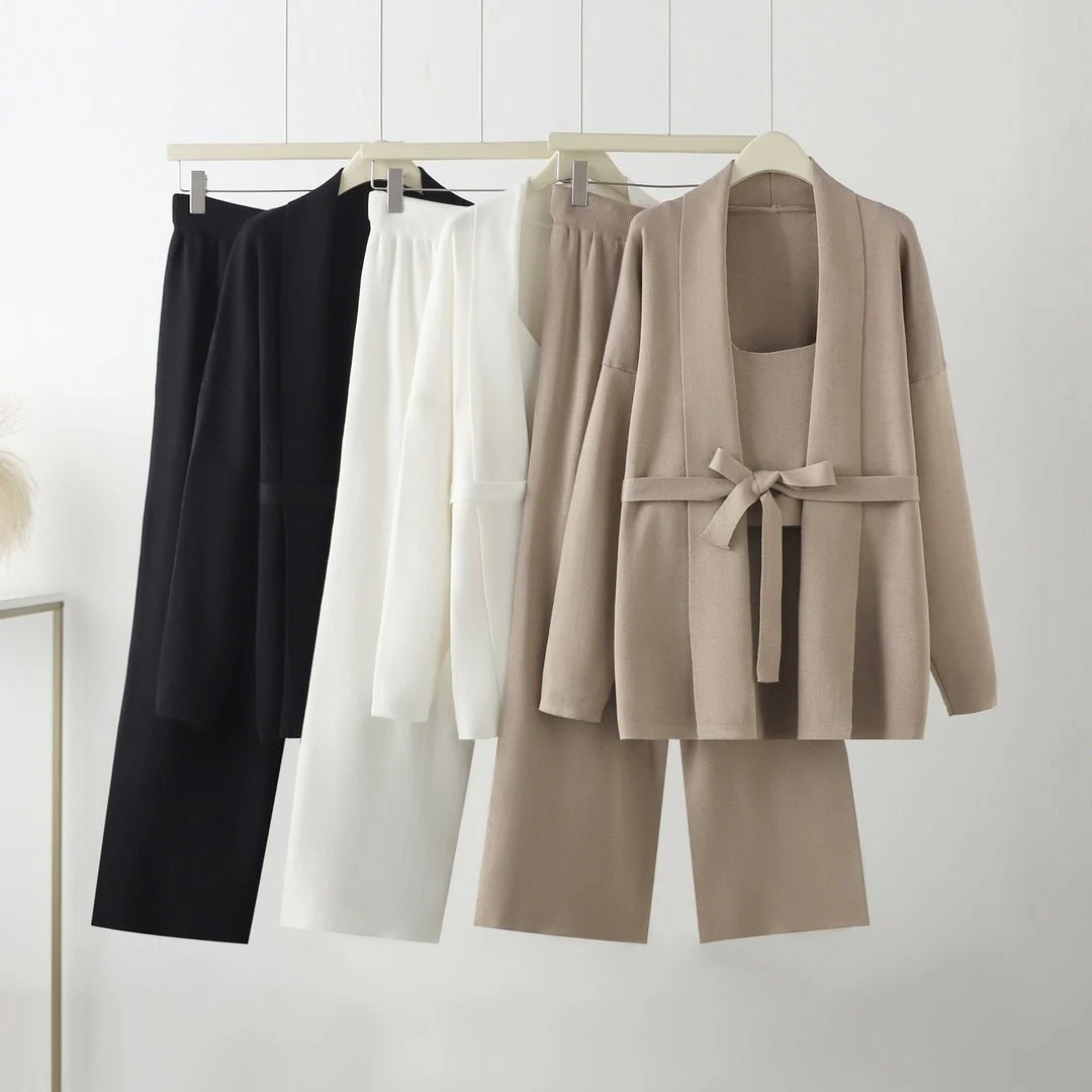 The Cozy Layer | Women's Knitted V-Neck Cardigan, Vest & Wide-Leg Pants Three-Piece Set - Image 2