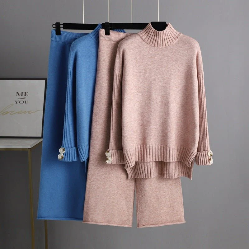The Cozy Luxe | Solid Color Semi-Turtleneck Angora Sweater & Wide-Leg Pants Set FD