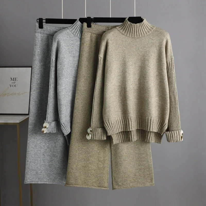 The Cozy Luxe | Solid Color Semi-Turtleneck Angora Sweater & Wide-Leg Pants Set FD - Image 2