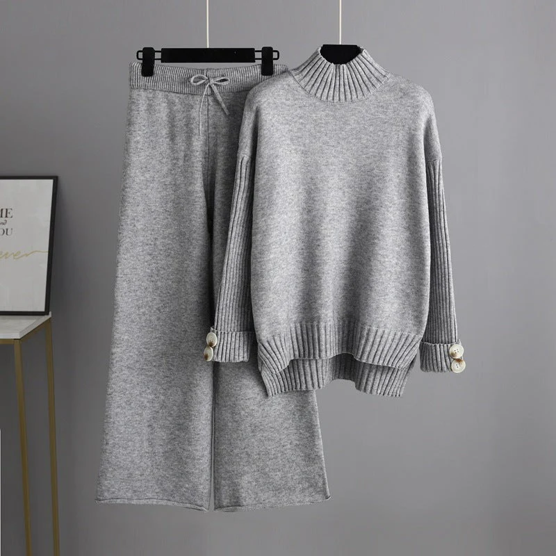The Cozy Luxe | Solid Color Semi-Turtleneck Angora Sweater & Wide-Leg Pants Set FD - Image 4