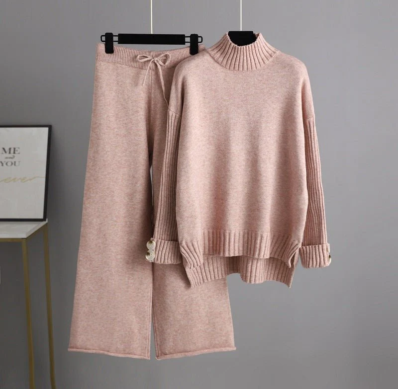 The Cozy Luxe | Solid Color Semi-Turtleneck Angora Sweater & Wide-Leg Pants Set FD - Image 6