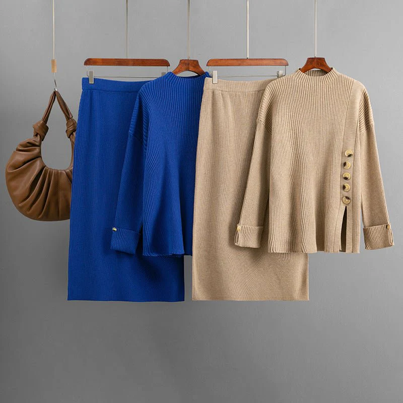 The Cozy Slit | Solid Color Side Slit Button Sweater & Midi Skirt Set FD