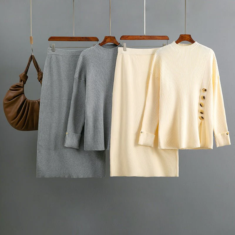 The Cozy Slit | Solid Color Side Slit Button Sweater & Midi Skirt Set FD - Image 2