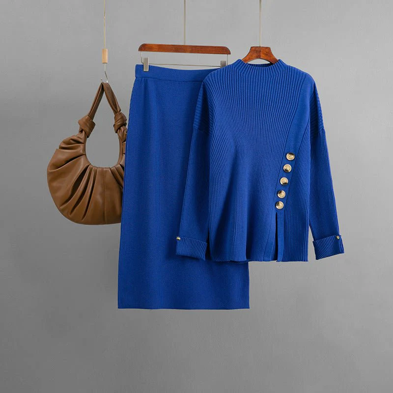 The Cozy Slit | Solid Color Side Slit Button Sweater & Midi Skirt Set FD - Image 3