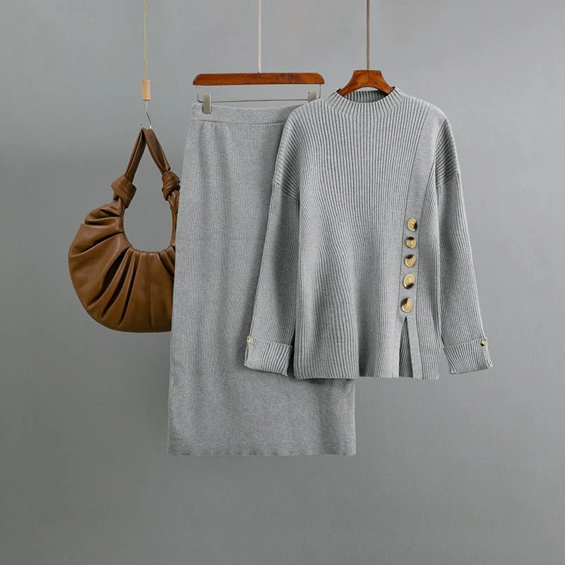 The Cozy Slit | Solid Color Side Slit Button Sweater & Midi Skirt Set FD - Image 4