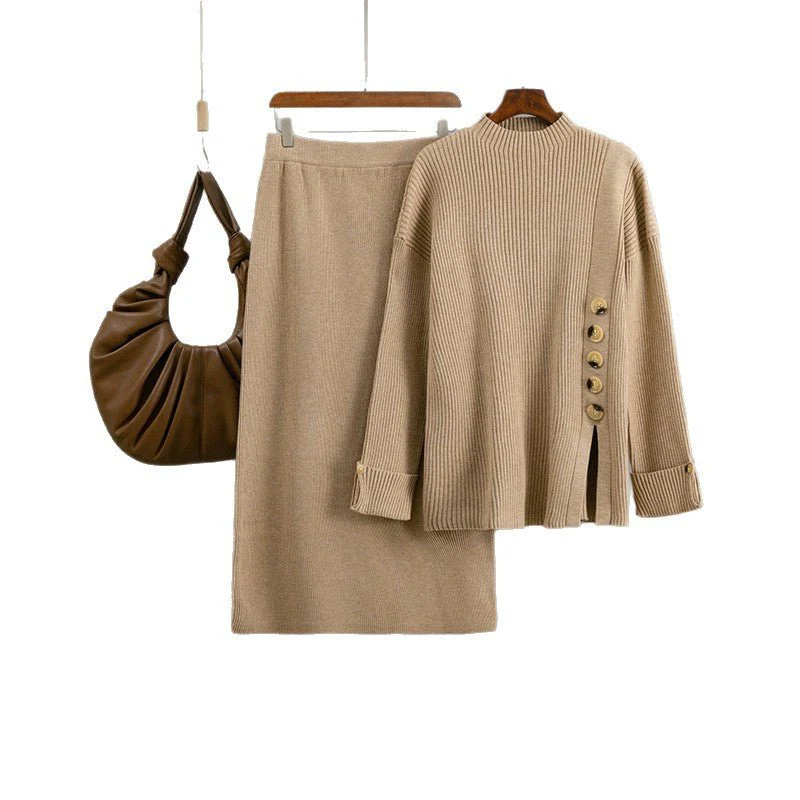 The Cozy Slit | Solid Color Side Slit Button Sweater & Midi Skirt Set FD - Image 5