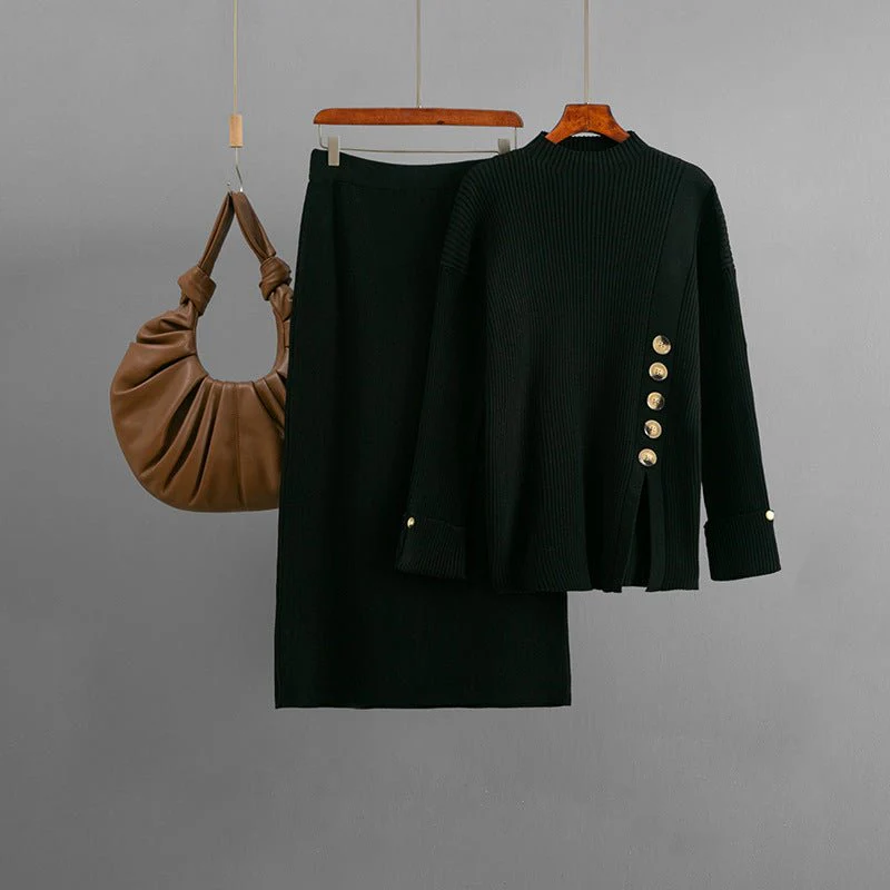 The Cozy Slit | Solid Color Side Slit Button Sweater & Midi Skirt Set FD - Image 6