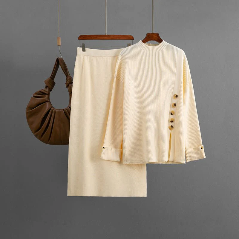 The Cozy Slit | Solid Color Side Slit Button Sweater & Midi Skirt Set FD - Image 7