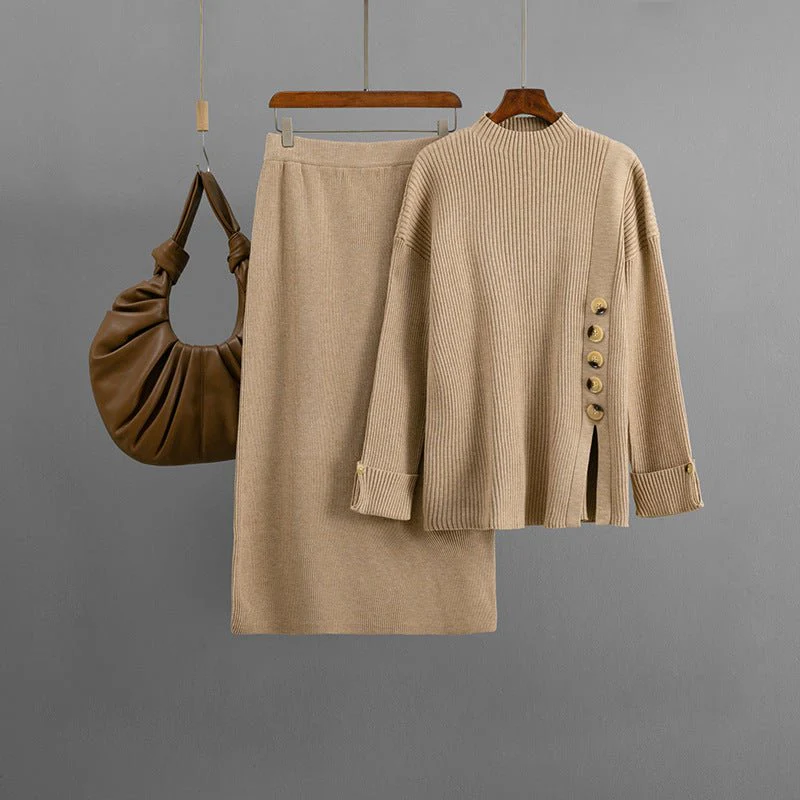 The Cozy Slit | Solid Color Side Slit Button Sweater & Midi Skirt Set FD - Image 8