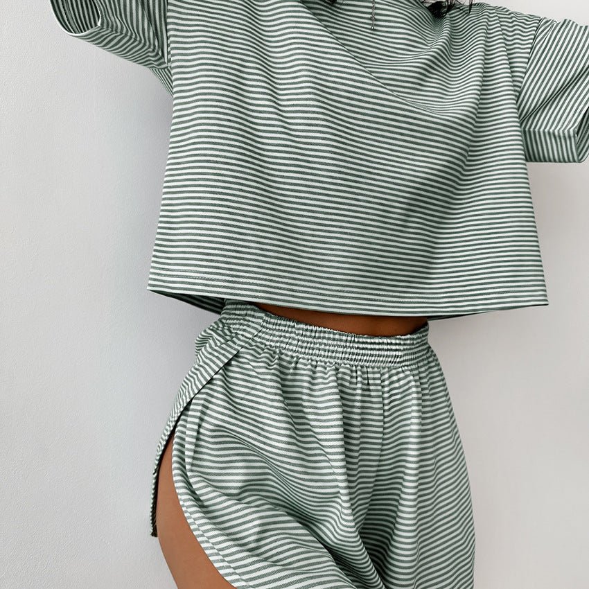 The Cozy Stripe | Knitted Striped Short-Sleeve Shorts Pajama Set - Image 2
