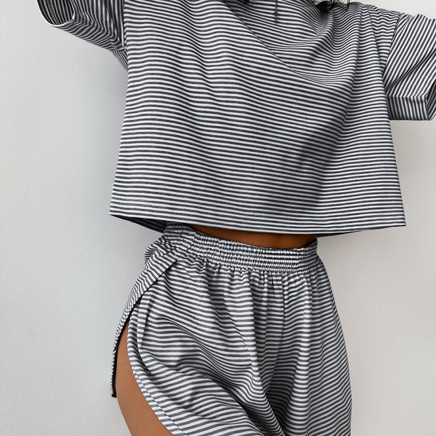 The Cozy Stripe | Knitted Striped Short-Sleeve Shorts Pajama Set - Image 3